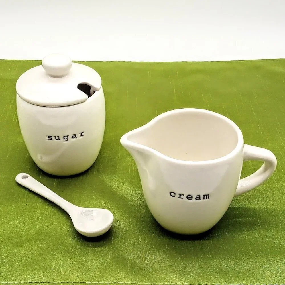 California Pantry White Ceramic Creamer Covered Sugar Bowl & Spoon